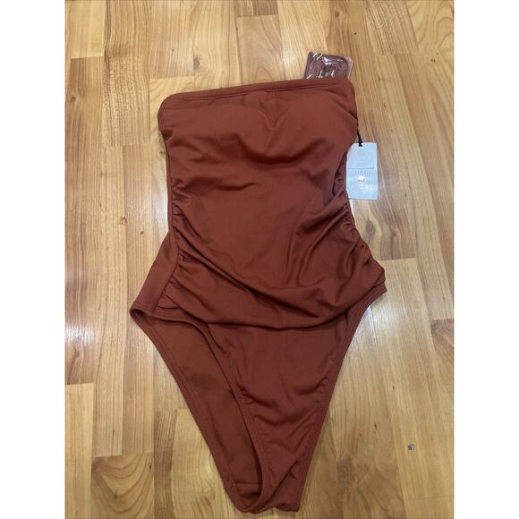 Shade & Shore Shirred Ribbed Bandeau Cheeky One Piece Swimsuit Womens X-small - Picture 5 of 6